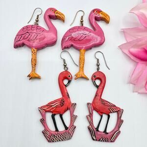 Vintage Flamingo Earring Lot Of Two Pair Wood Tropical Kitschy Wacky Funny Cute